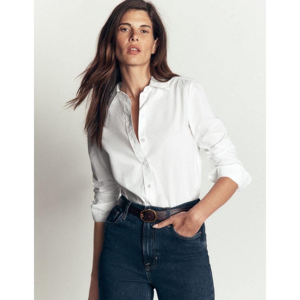 BODEN | Sienna Shirt Women 4P White Cotton Curved Hem Classic Button Down